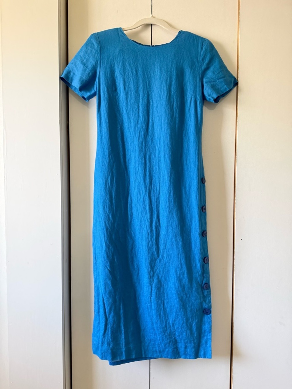 Vintage 90s Talbots Blue Short-Sleeve Midi Dress Side Button Slit Irish Linen - Picture 5 of 11